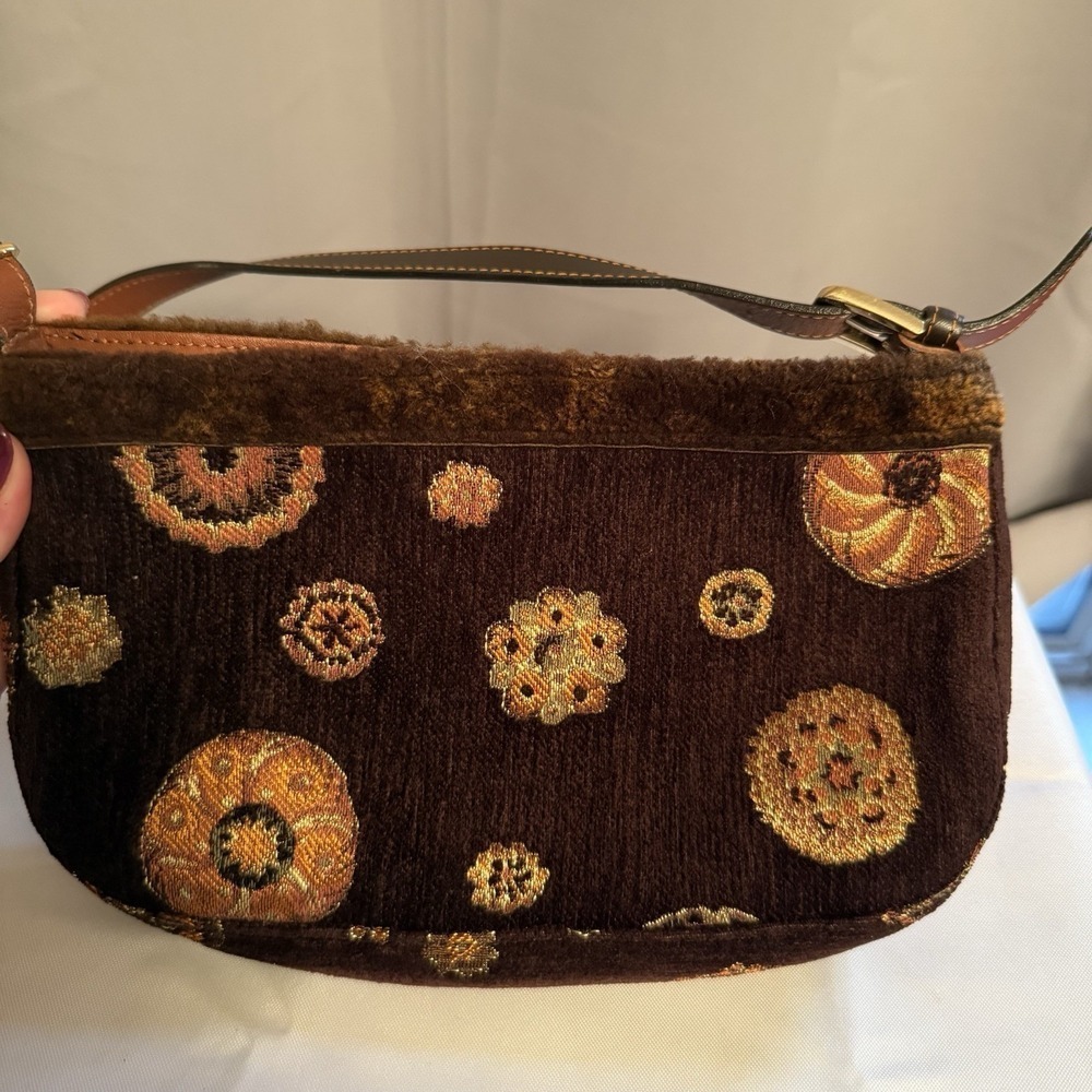Longchamp Small Brown Velvet Shearling Floral Shoulder Bag Purse Handbag - Picture 9 of 12